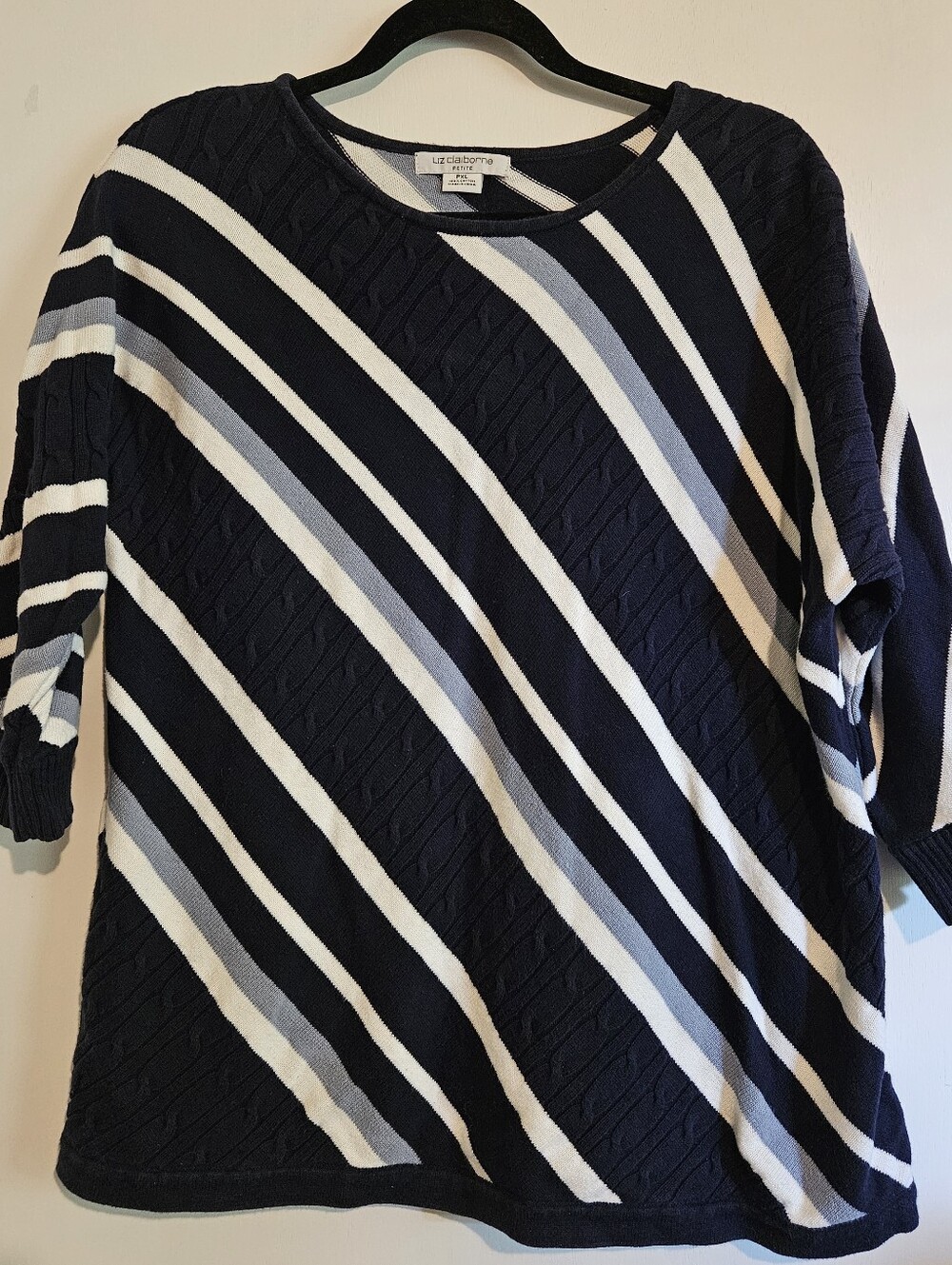 Liz Claiborne Petite PXL Sweater 100% Cotton Navy Blue Striped Cable Knit